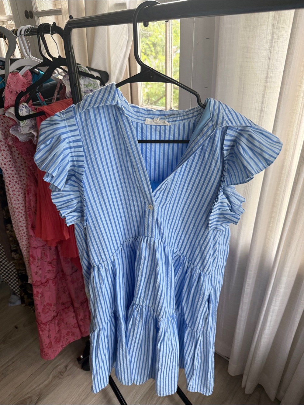 entro Blue & White Striped Ruffle-Sleeve Casual Dress